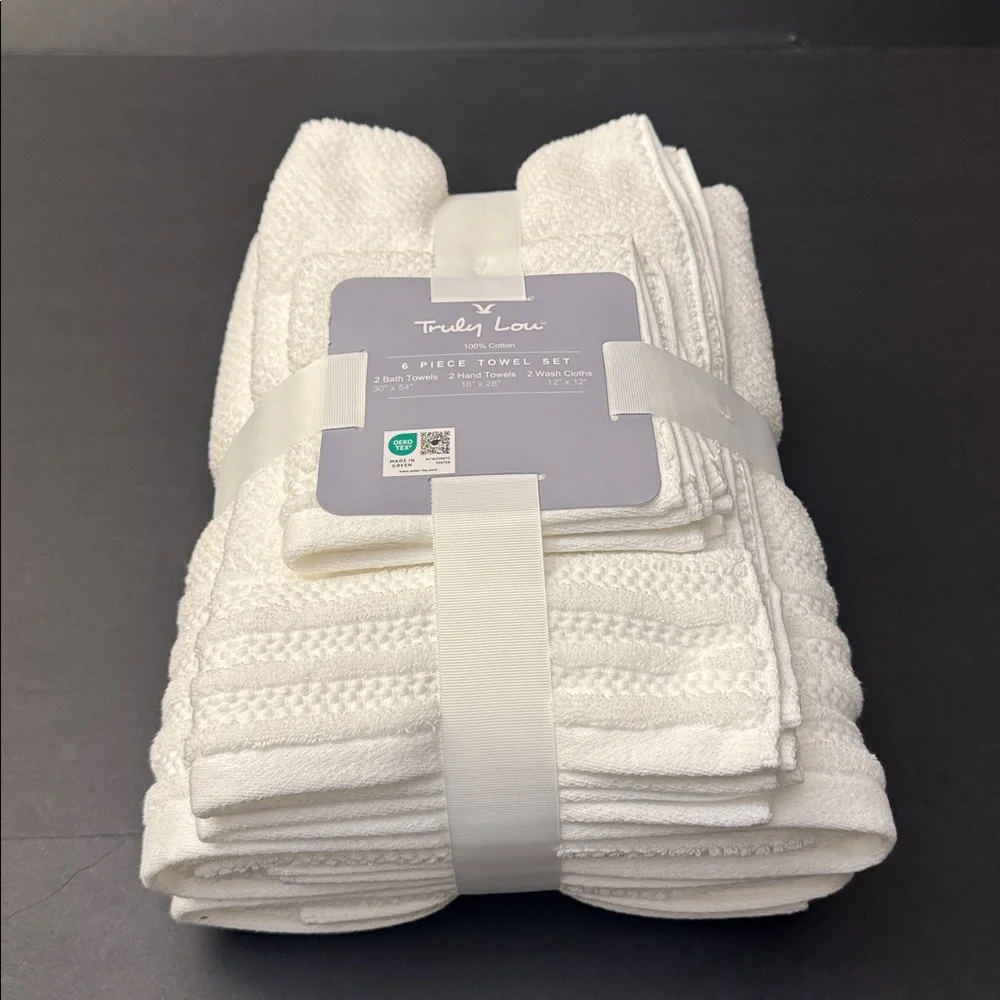 6pc TRULY LOU 100% Cotton Bath Towel Set - White/White